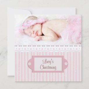 Pink White Eyelet Girl Photo Baptism Christening Invitation