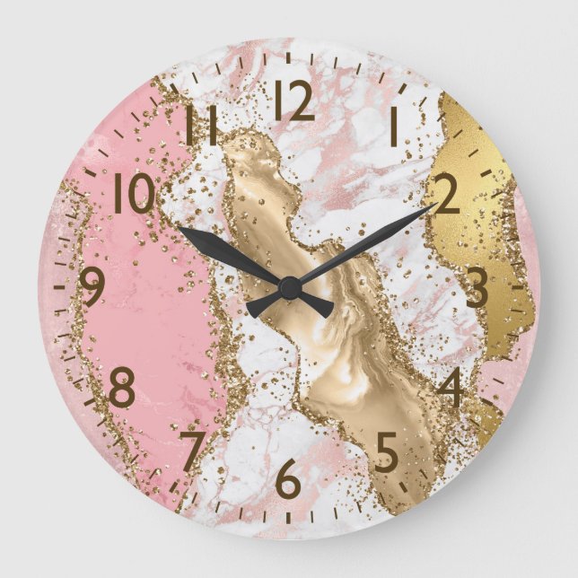 Pink & White & Faux Gold Glitter Agate Monogram Large Clock (Front)