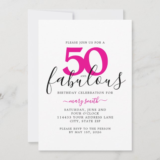 Pink White Fifty and Fabulous 50th Birthday Party Invitation (Front)