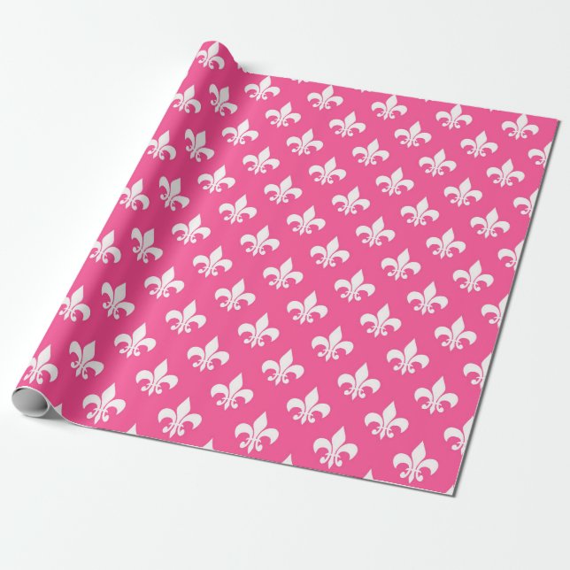 Pink White Fleur-de-lis Wrapping Paper (Unrolled)