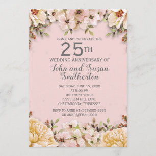 Pink White Floral 25th Wedding Anniversary Invitation