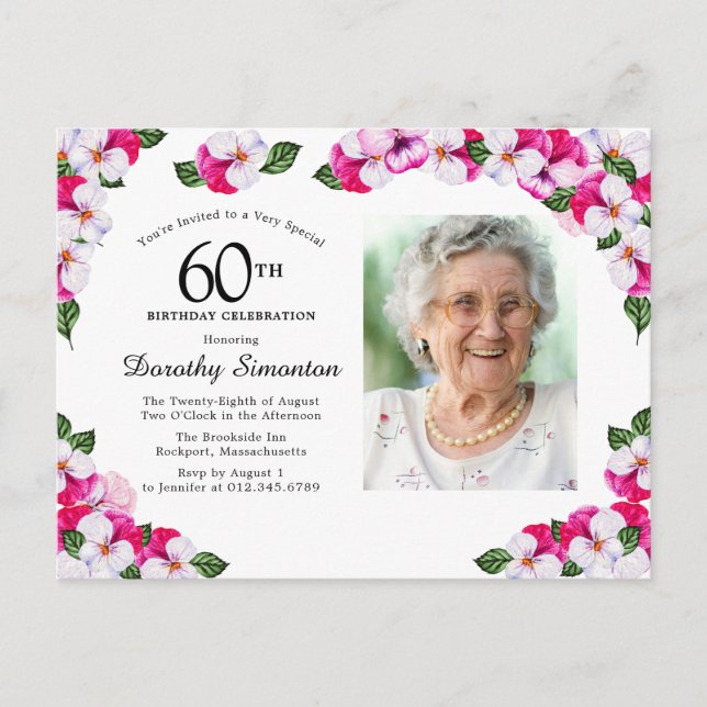 Pink White Floral 60th Birthday Invitation Postcard (Front)