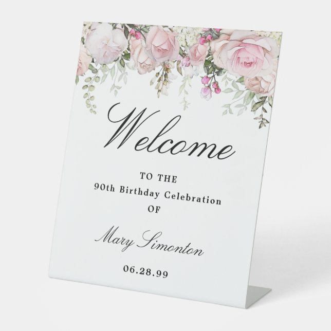Pink White Floral 90th Birthday Party Welcome Pedestal Sign (Front)