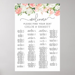 Pink White Floral Alphabetical Wedding Seating Poster
