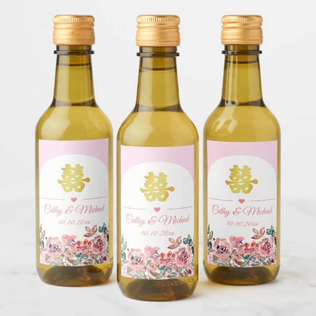 Pink white floral arch Chinese wedding Wine Label (Bottles)