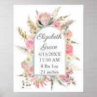 Pink White Floral Baby Birth Stats Personalised 