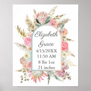 Pink White Floral Baby Birth Stats Personalised Poster