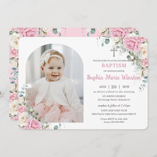 Pink White Floral Baptism Christening Arch Photo Invitation (Front/Back)