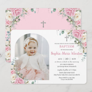 Pink White Floral Baptism Christening Arch Photo Invitation