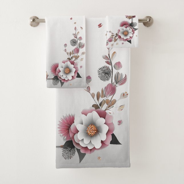 Pink White Floral Bath Towel Set (Insitu)