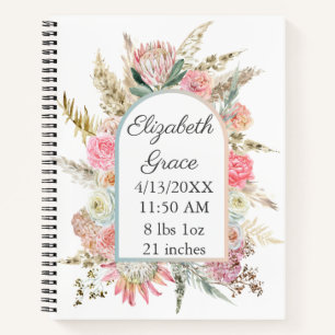 Pink White Floral Birth Stats Personalised Baby Notebook