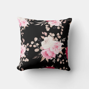 pink,white floral black-ground cushion