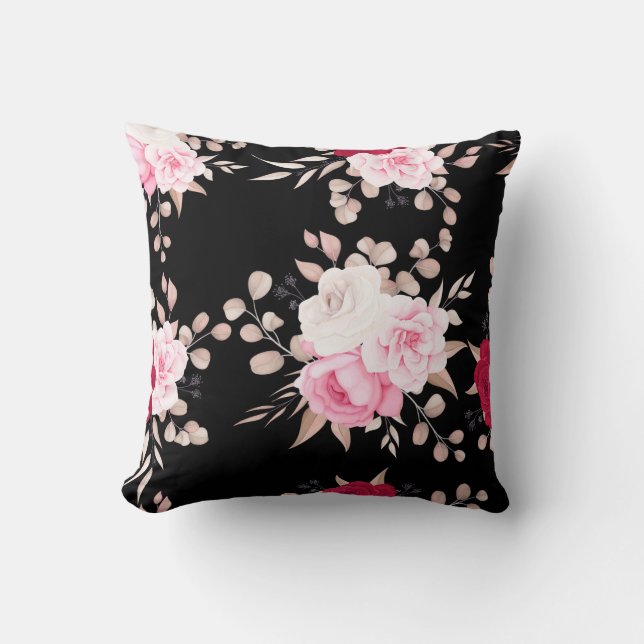 pink,white floral black-ground cushion (Front)