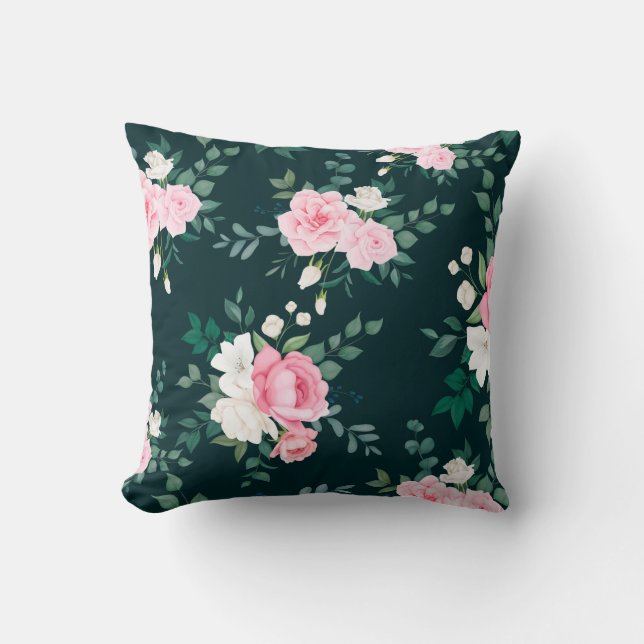 pink,white floral black-ground cushion (Front)