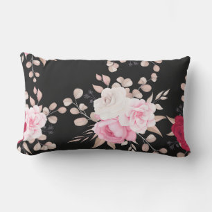 pink,white floral black-ground lumbar cushion
