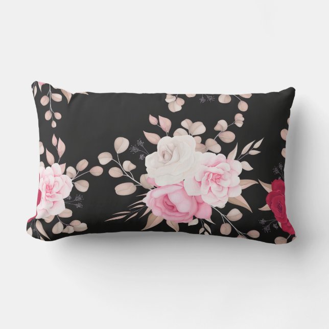 pink,white floral black-ground lumbar cushion (Front)