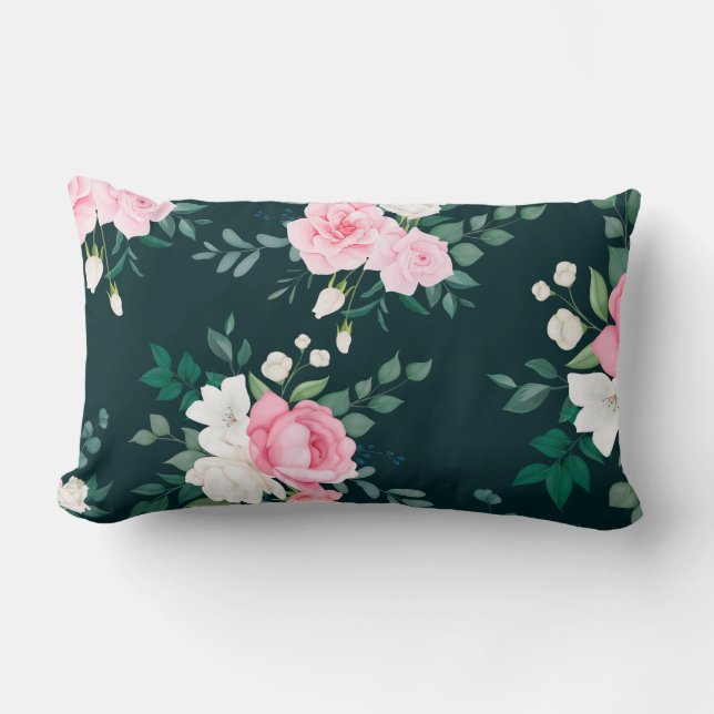 pink,white floral black-ground lumbar cushion (Front)