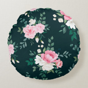 pink,white floral black-ground round cushion