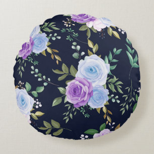 pink,white floral black-ground round cushion