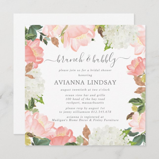 Pink White Floral Botanical Brunch and Bubbly Invi Invitation (Front/Back)