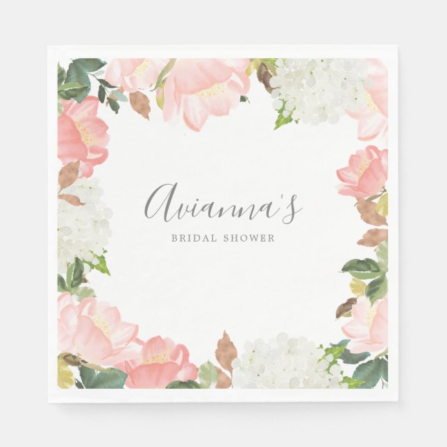 Pink White Floral Botanical Pretty Bridal Shower Napkin (Front)