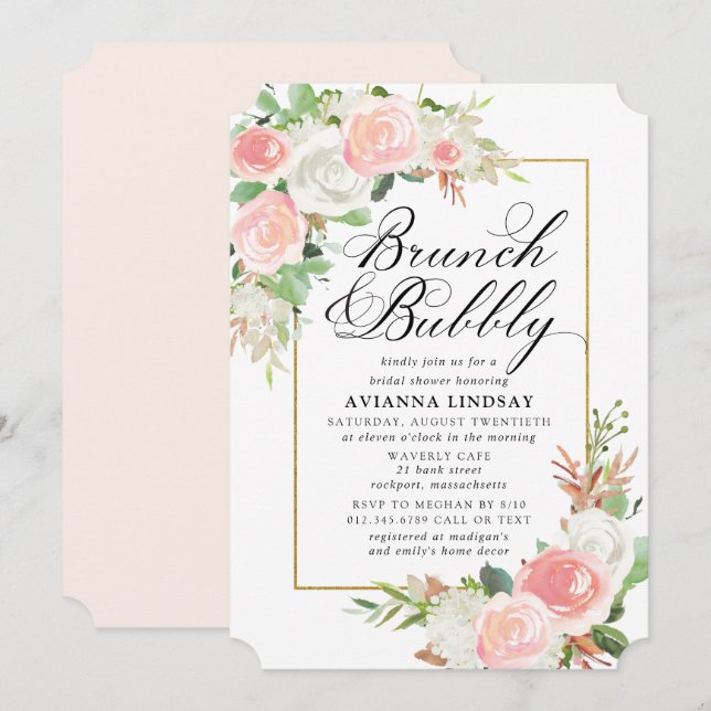 Pink White Floral Bridal Brunch Bubbly Shower Invitation (Front/Back)