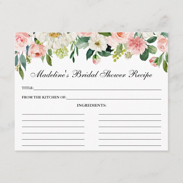 Pink White Floral Bridal Shower Recipe Card (Front)