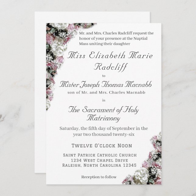 Pink & White Floral Catholic Wedding Invitation (Front/Back)