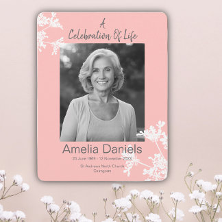 Pink White Floral Celebration Of Life Photo Card