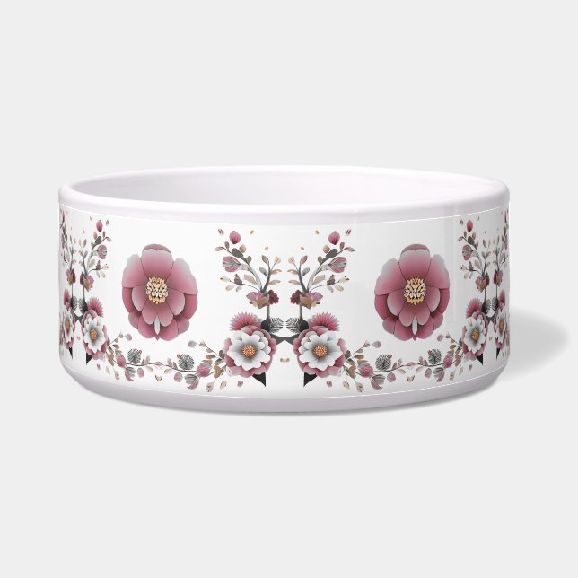 Pink White Floral Ceramic Pet Bowl (Front)