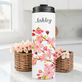 Pink White Floral Cherry Blossom  Thermal Tumbler