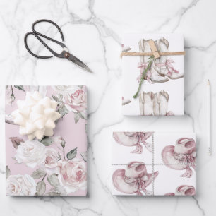 Pink White Floral Cowgirl Boots Birthday Wrapping Paper Sheet