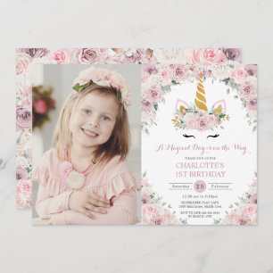 Pink White Floral Cute Unicorn 1st Birthday Photo Invitation