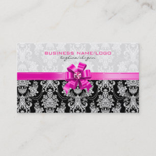 Pink & White Floral Damasks With Pink Bow Business Card
