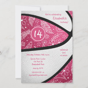 pink white floral doodle basketball celebration invitation