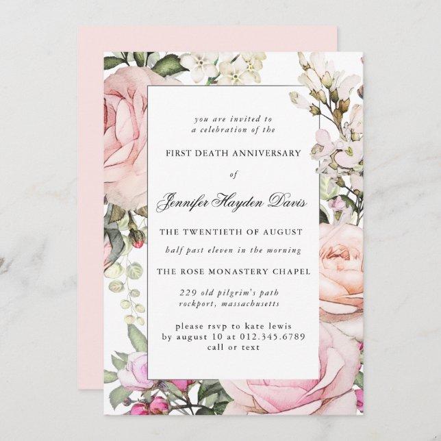 Pink White Floral First Death Anniversary Invitation (Front/Back)