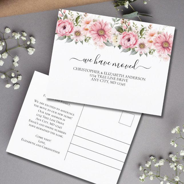 Pink White Floral Flowers Script Moving  Announcement Postcard (pink white floral watercolor flowers moving announcement postcard.)
