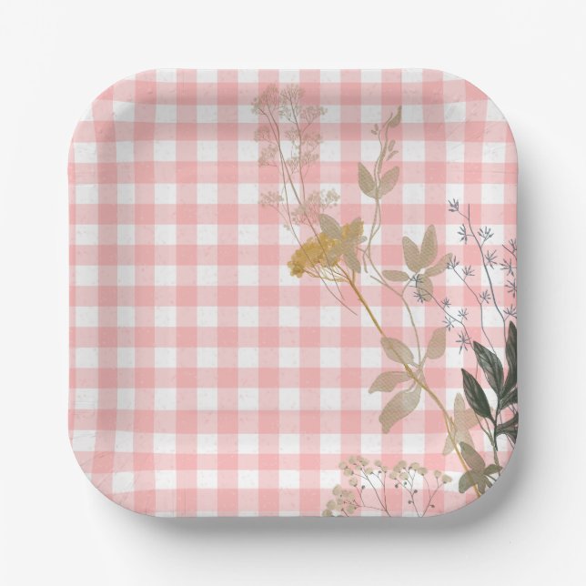 Pink White Floral Gingham Plaid Country Farmhouse Paper Plate (Front)