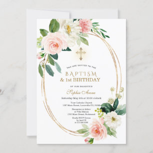 Pink White Floral Girl 1st Birthday &  Baptism Invitation