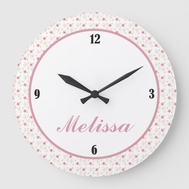 Pink White floral Girl Room Wall Clock (Front)