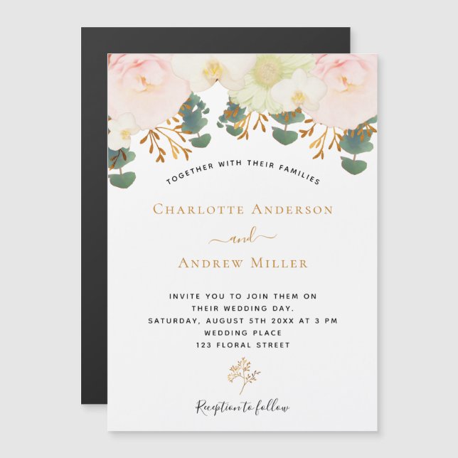 Pink white floral gold greenery wedding magnetic invitation (Front/Back)