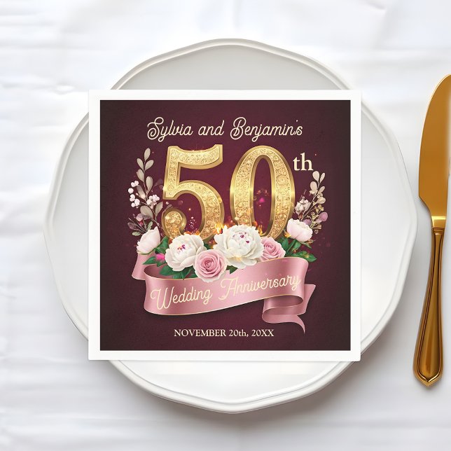 Pink White Floral Golden 50th Wedding Anniversary Napkin (Creator Uploaded)