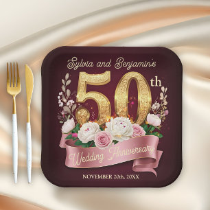 Pink White Floral Golden 50th Wedding Anniversary Paper Plate
