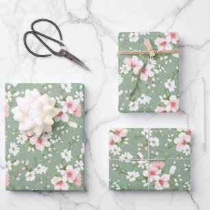 Pink White Floral Green Background Cottage Core  Wrapping Paper Sheet
