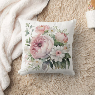 Pink White Floral Greenery Peonies Flowers Cushion