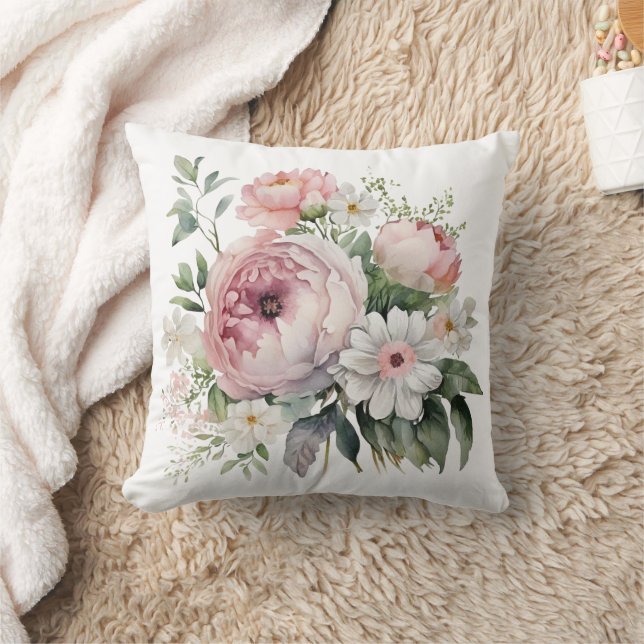 Pink White Floral Greenery Peonies Flowers Cushion (Blanket)