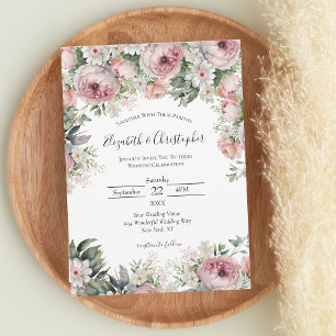 Pink White Floral Greenery Peonies Modern Wedding Invitation