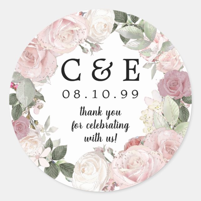Pink White Floral Monogrammed Wedding Thank You Classic Round Sticker (Front)