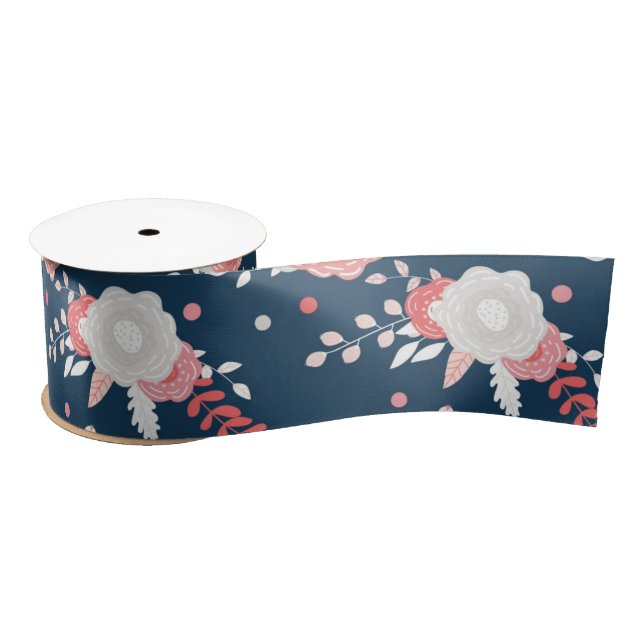 Pink White Floral Navy Blue Satin Ribbon (Spool)