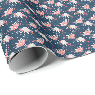 Pink White Floral Navy Blue Wrapping Paper